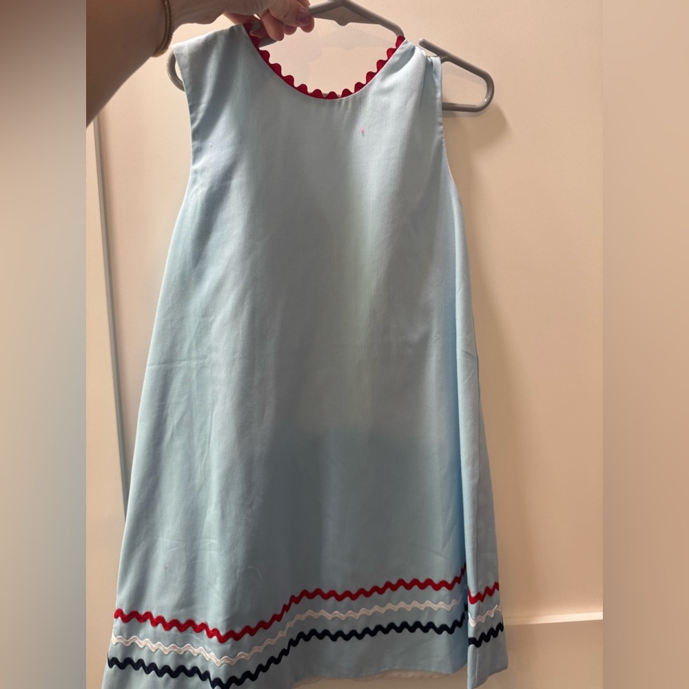 Blue Sleeveless Kids Dress with Red Trim